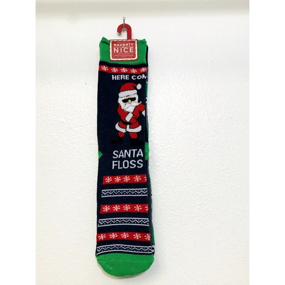 Here Comes SANTA FLOSS & Christmas Trees Men's Crew Socks Size 6-12.5 - Picture 1 of 6